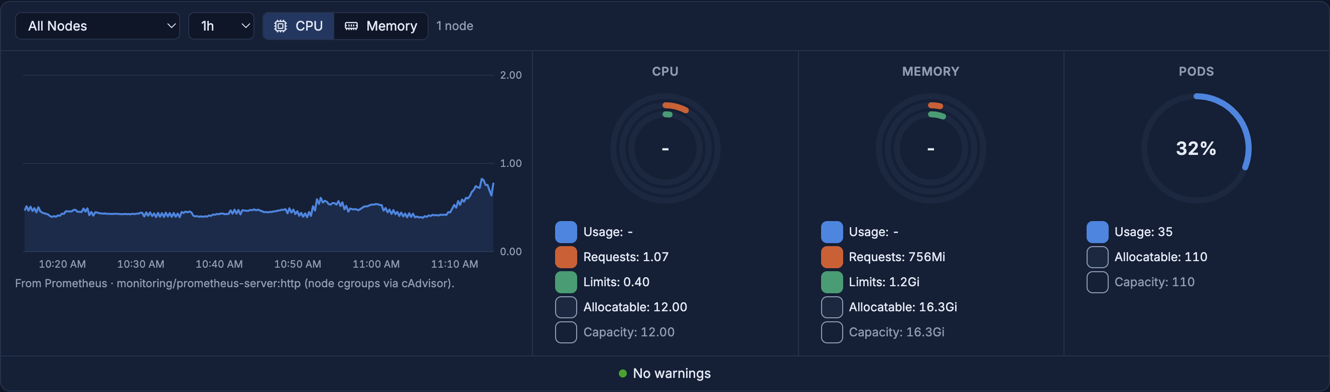 Cluster health charts: CPU usage over the last hour from Prometheus, with CPU, memory and pod capacity rings showing usage, requests and limits