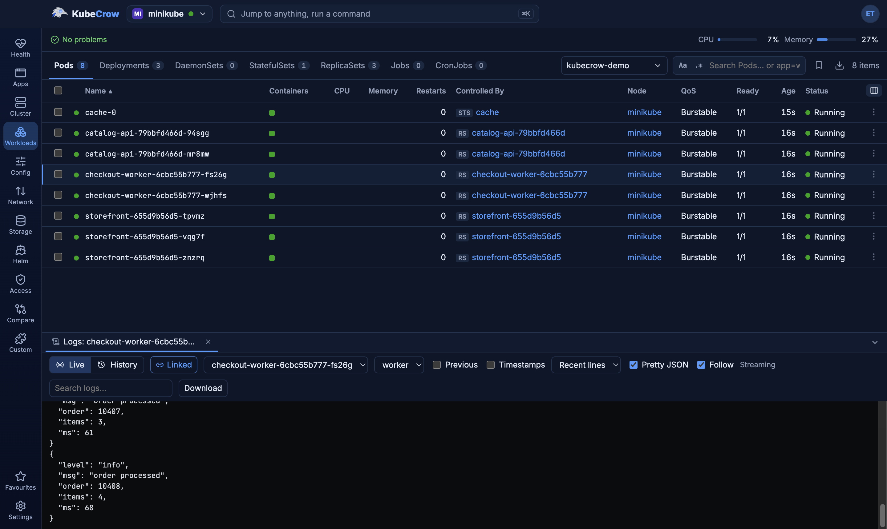 A namespace's pods with a worker's JSON log stream, pretty-printed, docked below